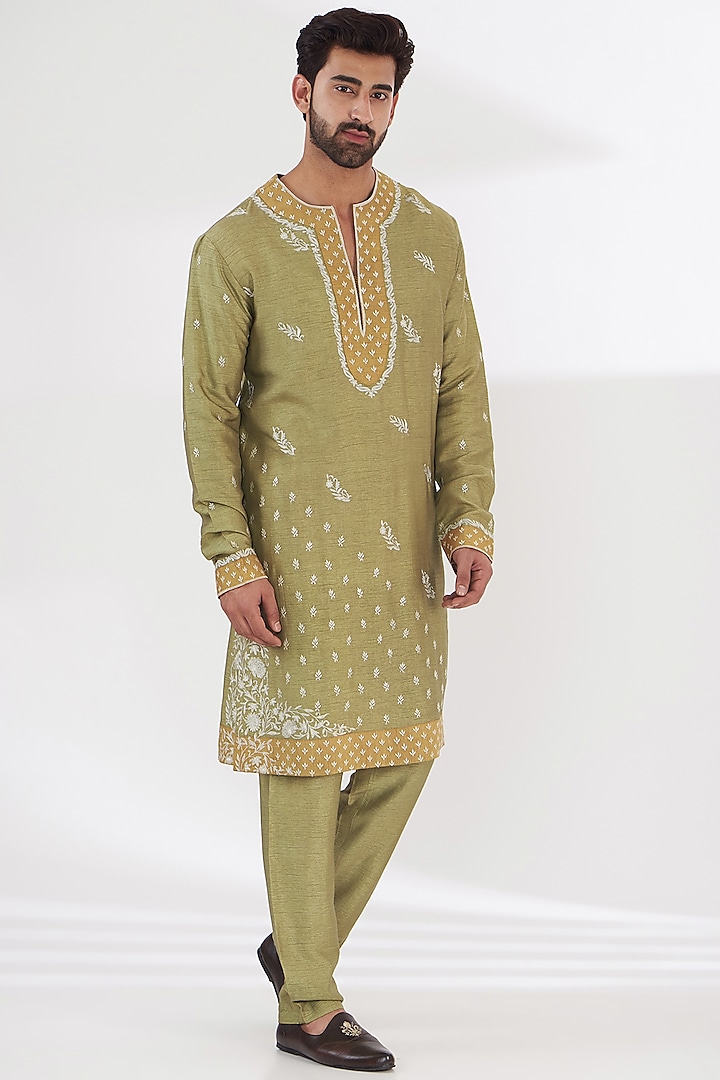 Green Poly Silk Embroidered Kurta Set by THE BLUES