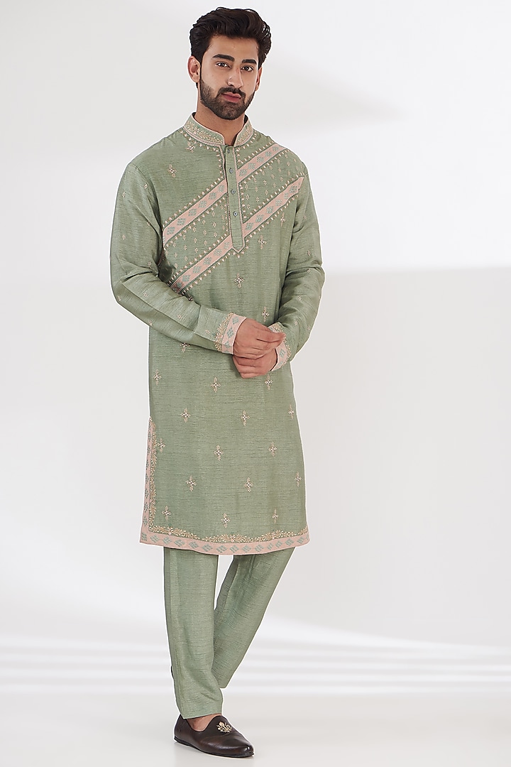 Green Poly Silk Embroidered Kurta Set by THE BLUES at Pernia's Pop Up Shop