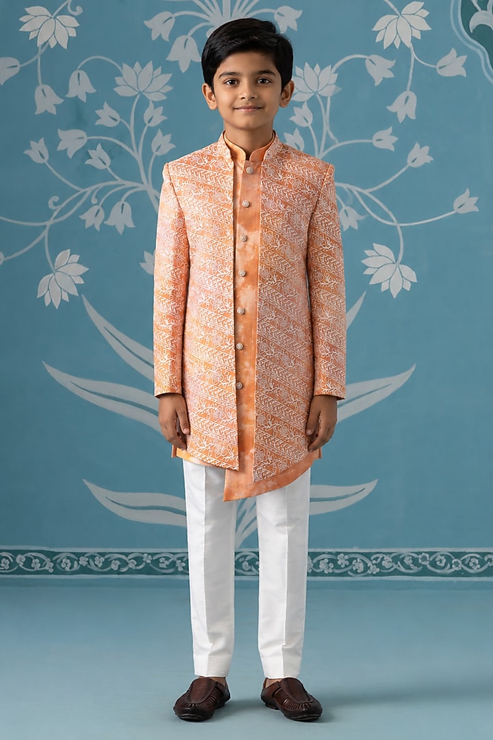 Orange Cotton Silk Embroidered Indowestern Set For Boys by The Ethnic Co Kids at Pernia's Pop Up Shop