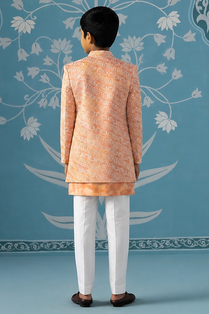 Orange Cotton Silk Embroidered Indowestern Set For Boys by The Ethnic Co Kids at Pernia's Pop Up Shop