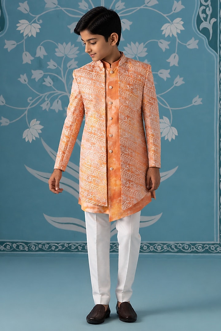 Orange Cotton Silk Embroidered Indowestern Set For Boys by The Ethnic Co Kids at Pernia's Pop Up Shop