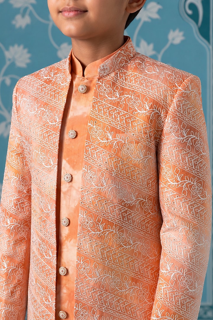 Orange Cotton Silk Embroidered Indowestern Set For Boys by The Ethnic Co Kids at Pernia's Pop Up Shop