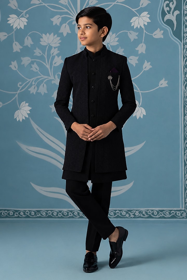 Black Cotton Silk Embroidered Indowestern Set For Boys by The Ethnic Co Kids at Pernia's Pop Up Shop