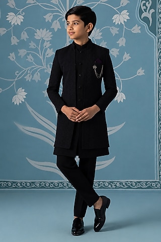 Black Cotton Silk Embroidered Indowestern Set For Boys by The Ethnic Co Kids