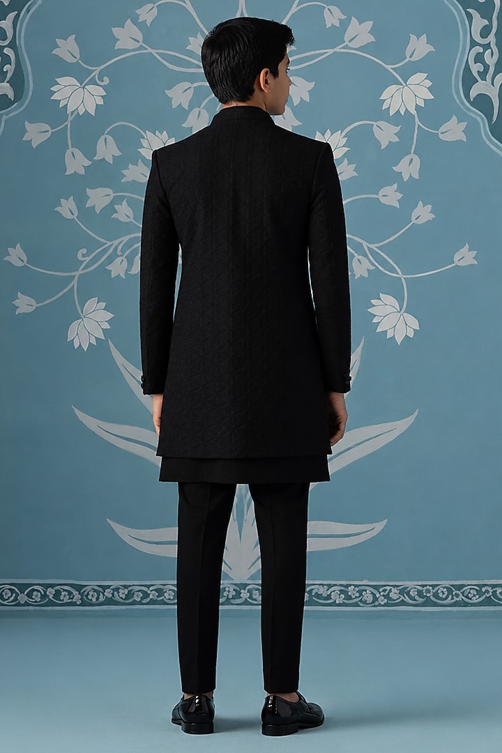 Black Cotton Silk Embroidered Indowestern Set For Boys by The Ethnic Co Kids at Pernia's Pop Up Shop