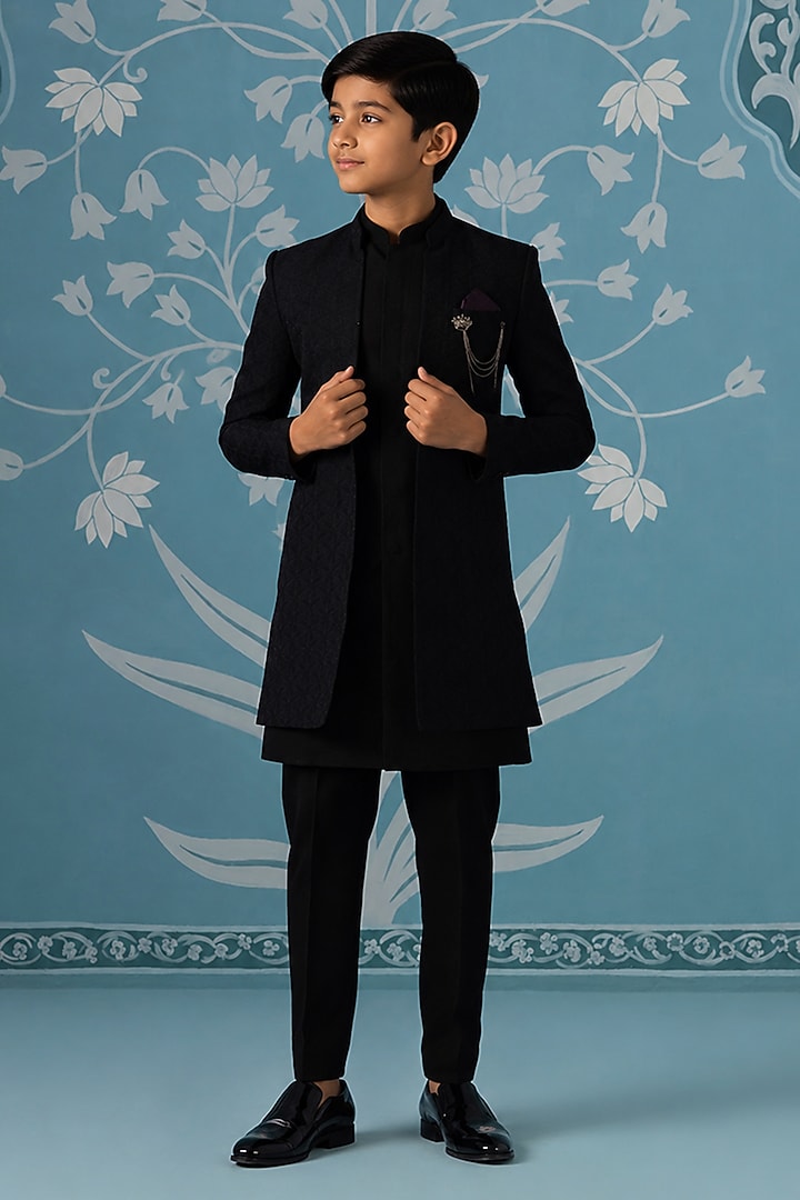 Black Cotton Silk Embroidered Indowestern Set For Boys by The Ethnic Co Kids at Pernia's Pop Up Shop