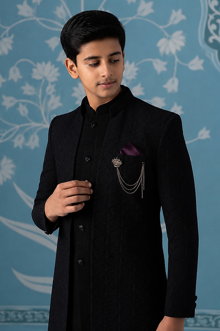 Black Cotton Silk Embroidered Indowestern Set For Boys by The Ethnic Co Kids at Pernia's Pop Up Shop
