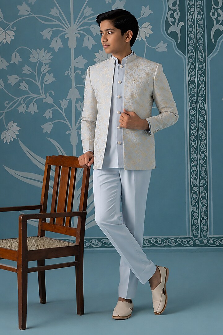 Dusty Blue Cotton Silk Embroidered Indowestern Set For Boys by The Ethnic Co Kids at Pernia's Pop Up Shop