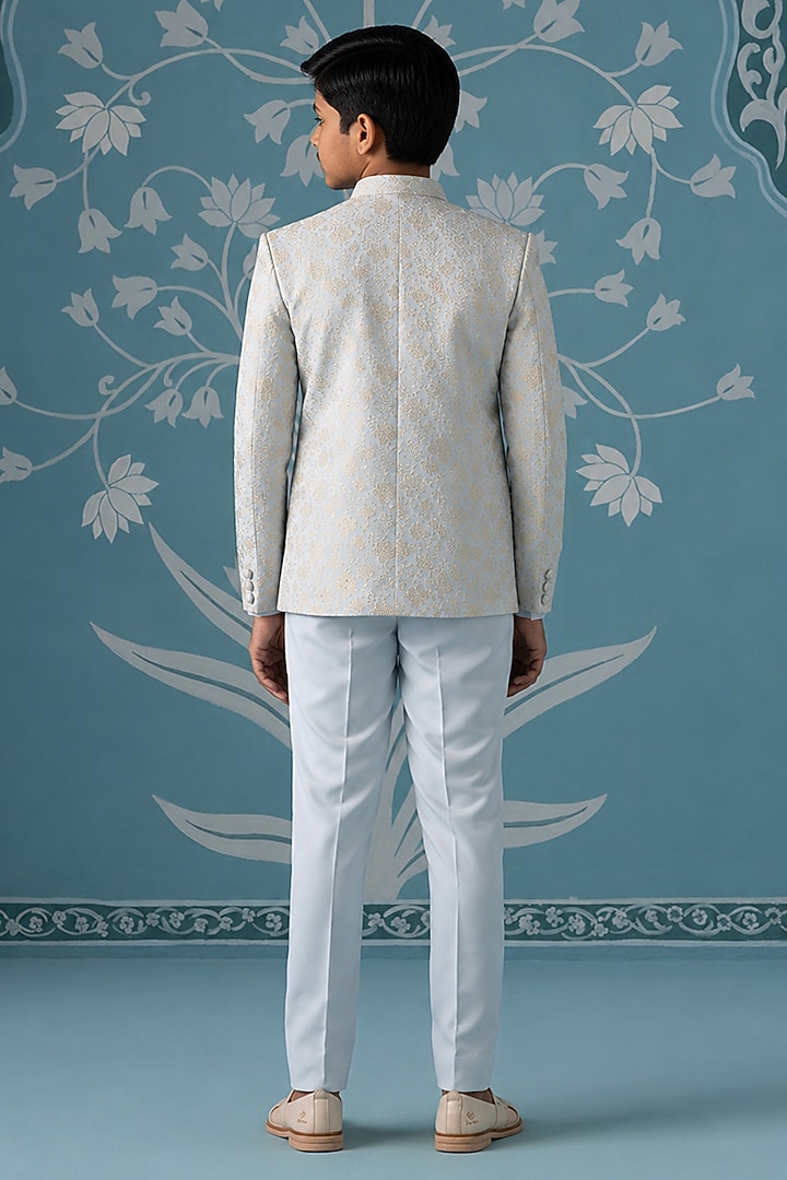 Dusty Blue Cotton Silk Embroidered Indowestern Set For Boys by The Ethnic Co Kids at Pernia's Pop Up Shop