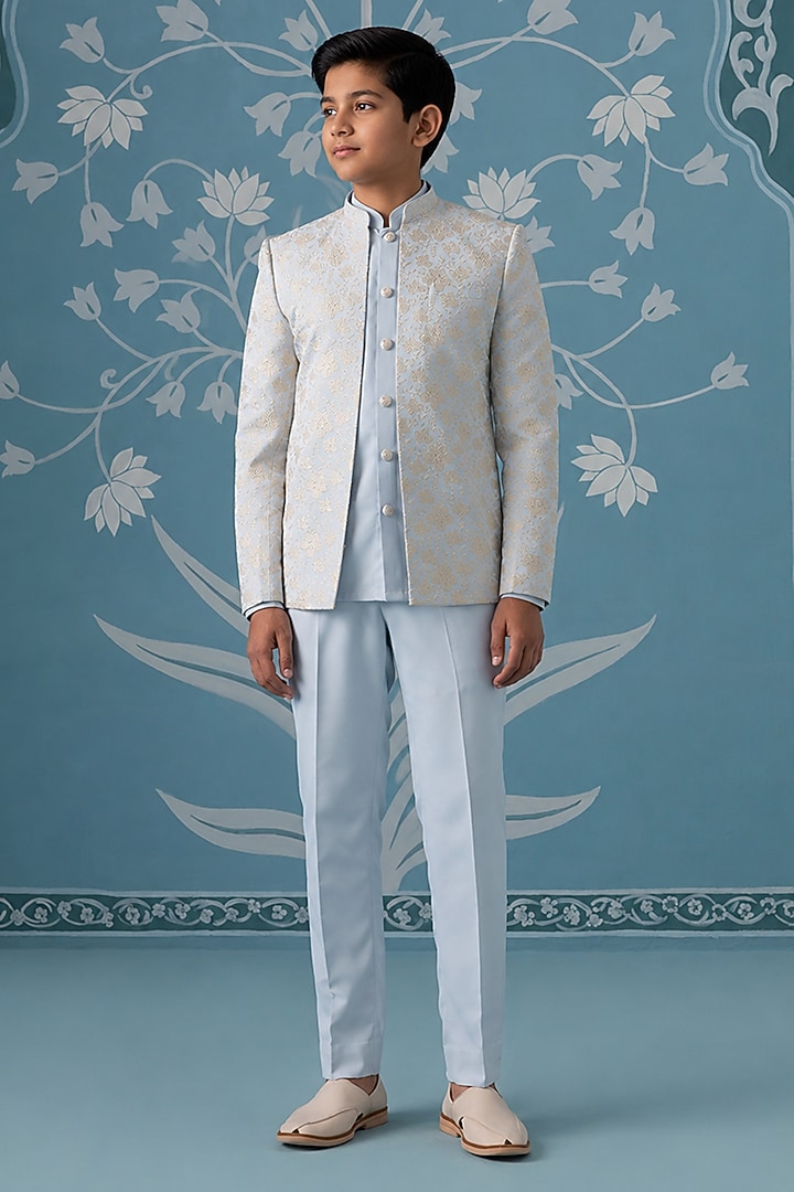 Dusty Blue Cotton Silk Embroidered Indowestern Set For Boys by The Ethnic Co Kids at Pernia's Pop Up Shop