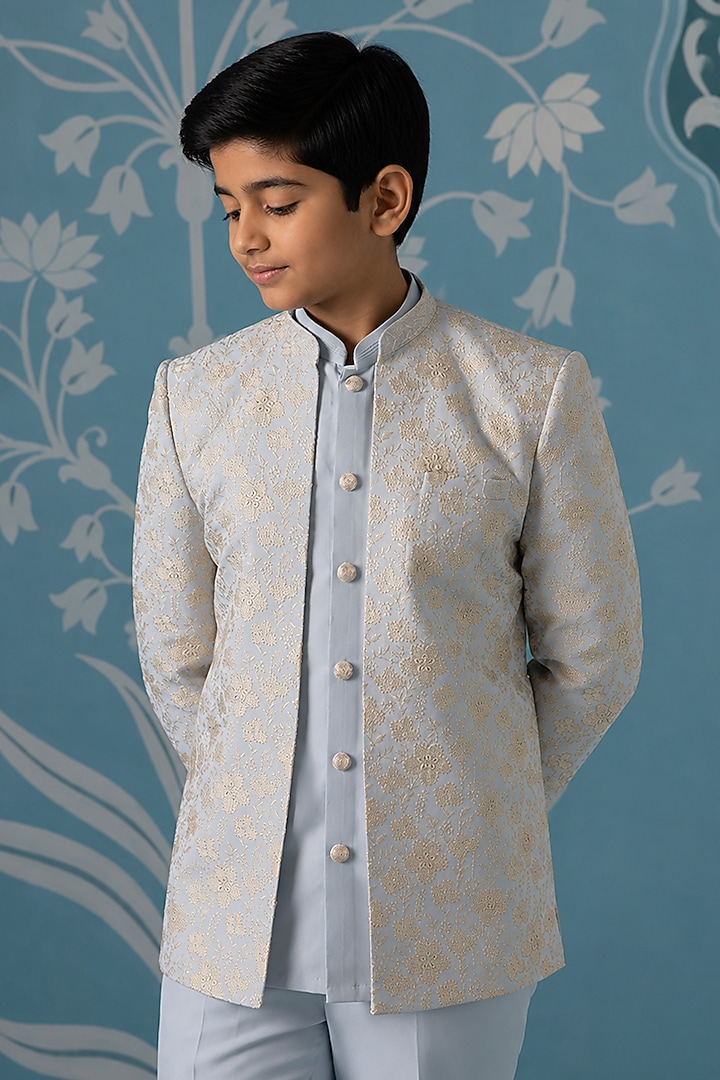 Dusty Blue Cotton Silk Embroidered Indowestern Set For Boys by The Ethnic Co Kids at Pernia's Pop Up Shop