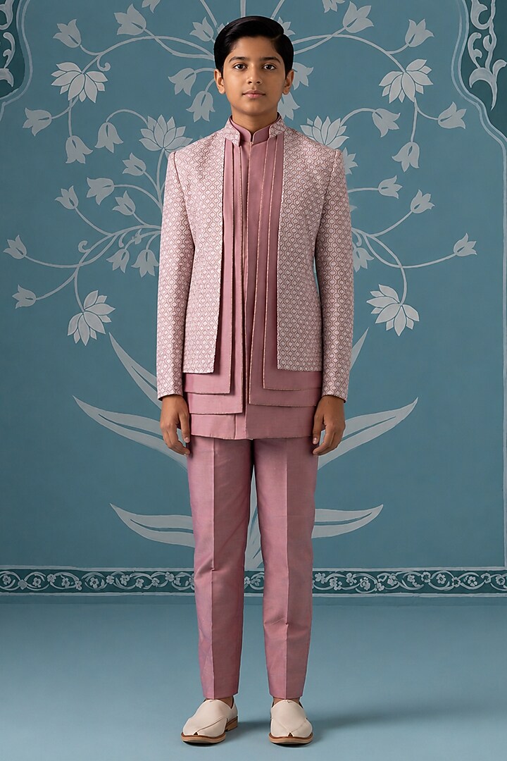 Onion Pink Cotton Silk Embroidered Indowestern Set For Boys by The Ethnic Co Kids at Pernia's Pop Up Shop