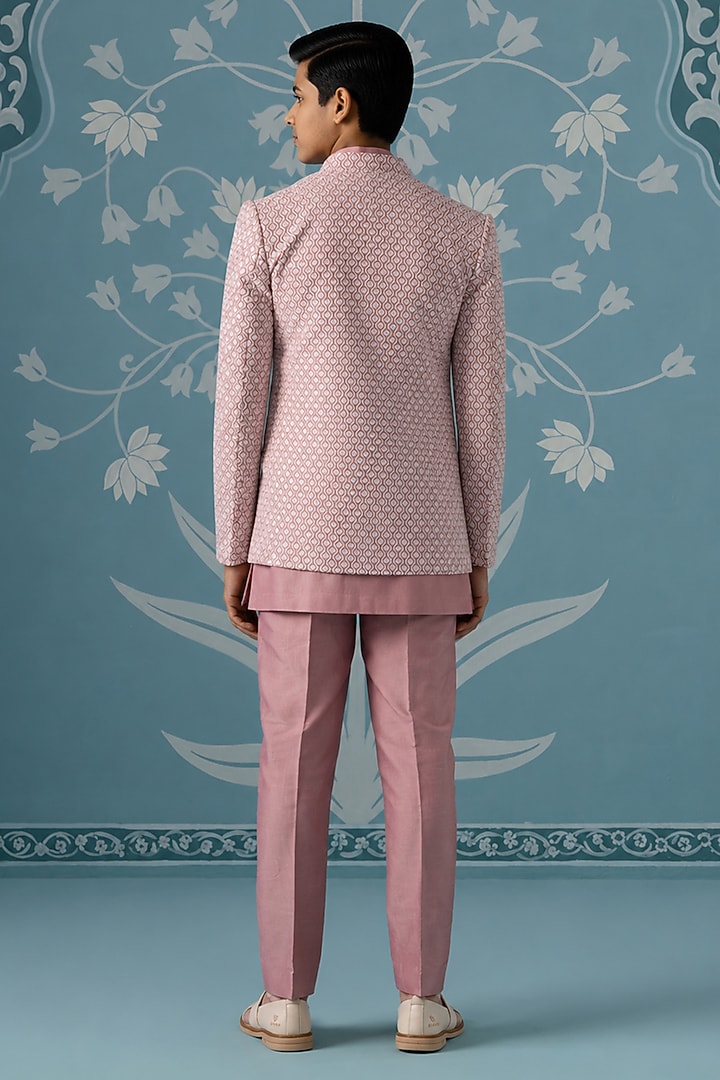 Onion Pink Cotton Silk Embroidered Indowestern Set For Boys by The Ethnic Co Kids at Pernia's Pop Up Shop