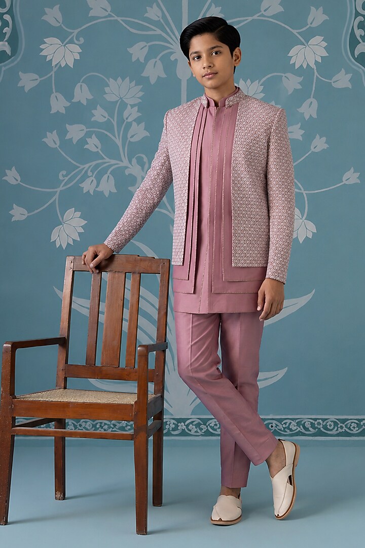 Onion Pink Cotton Silk Embroidered Indowestern Set For Boys by The Ethnic Co Kids at Pernia's Pop Up Shop