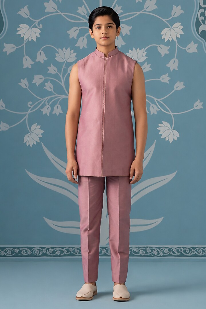 Onion Pink Cotton Silk Embroidered Indowestern Set For Boys by The Ethnic Co Kids at Pernia's Pop Up Shop