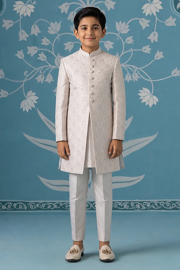 Cream Poly Cotton Embroidered Indowestern Set For Boys by The Ethnic Co Kids at Pernia's Pop Up Shop