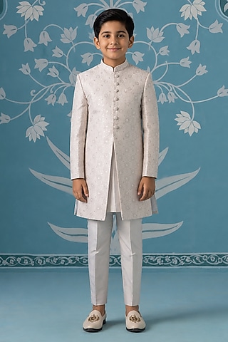 Cream Poly Cotton Embroidered Indowestern Set For Boys by The Ethnic Co Kids