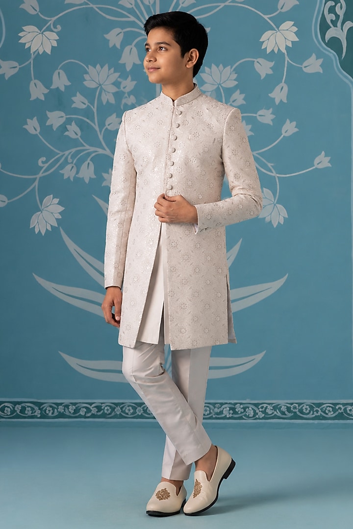 Cream Poly Cotton Embroidered Indowestern Set For Boys by The Ethnic Co Kids at Pernia's Pop Up Shop