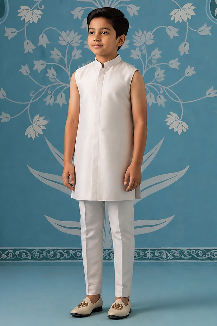 Cream Poly Cotton Embroidered Indowestern Set For Boys by The Ethnic Co Kids at Pernia's Pop Up Shop