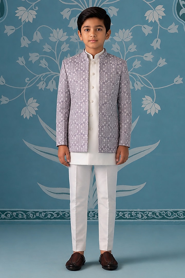 Light Lavender Satin Embroidered Indowestern Set For Boys by The Ethnic Co Kids at Pernia's Pop Up Shop