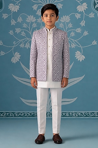 Light Lavender Satin Embroidered Indowestern Set For Boys by The Ethnic Co Kids