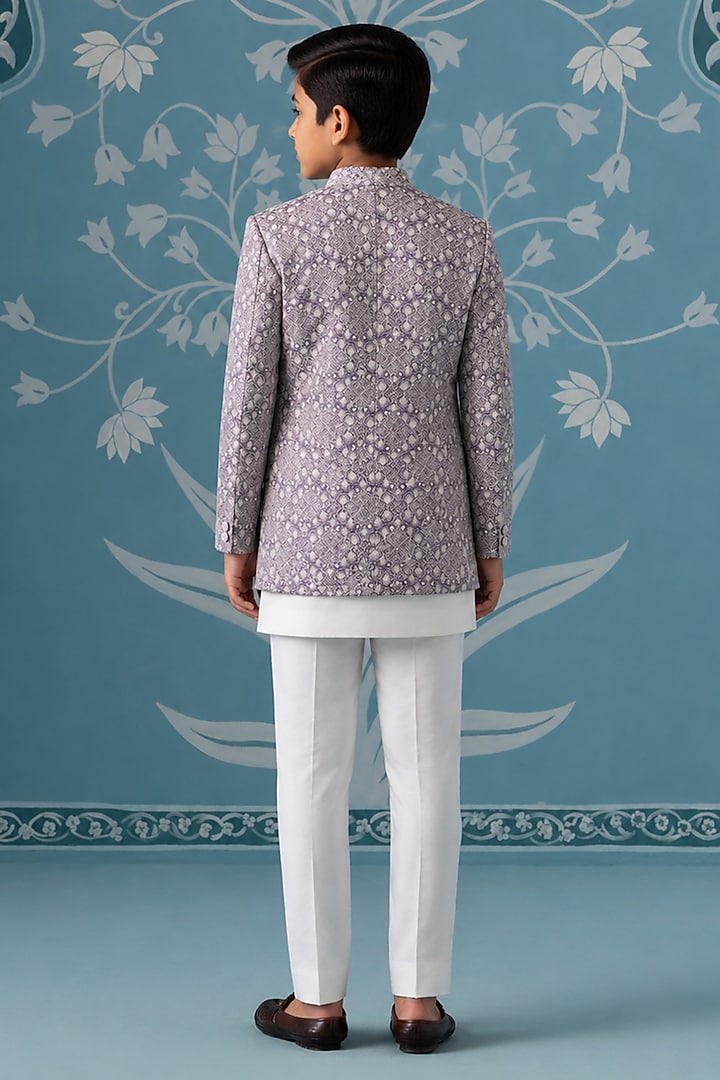 Light Lavender Satin Embroidered Indowestern Set For Boys by The Ethnic Co Kids at Pernia's Pop Up Shop