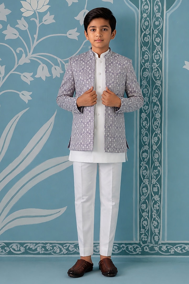 Light Lavender Satin Embroidered Indowestern Set For Boys by The Ethnic Co Kids at Pernia's Pop Up Shop