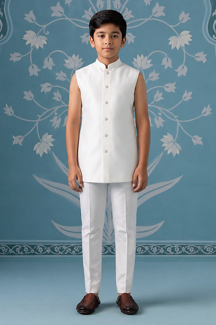 Light Lavender Satin Embroidered Indowestern Set For Boys by The Ethnic Co Kids at Pernia's Pop Up Shop