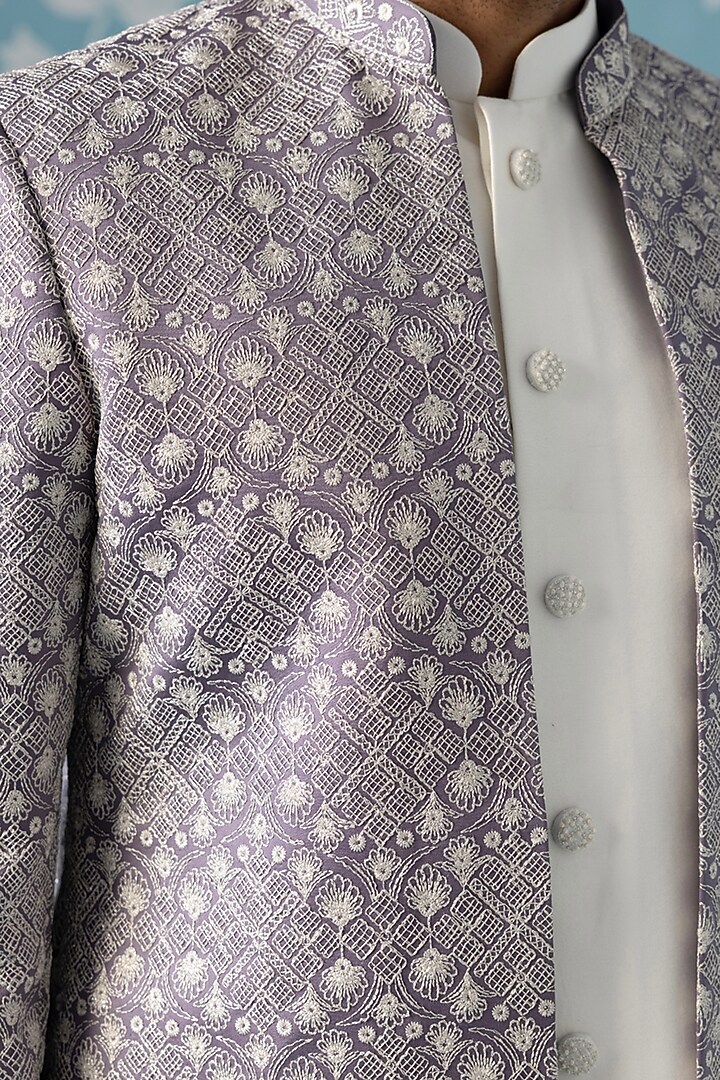 Light Lavender Satin Embroidered Indowestern Set For Boys by The Ethnic Co Kids at Pernia's Pop Up Shop