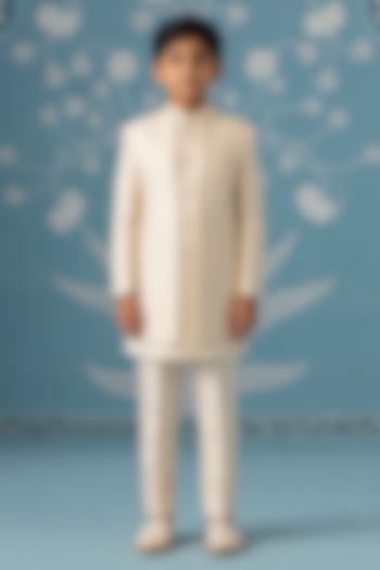 Cream Poly Cotton Thread Embroidered Indowestern Set For Boys by The Ethnic Co Kids at Pernia's Pop Up Shop