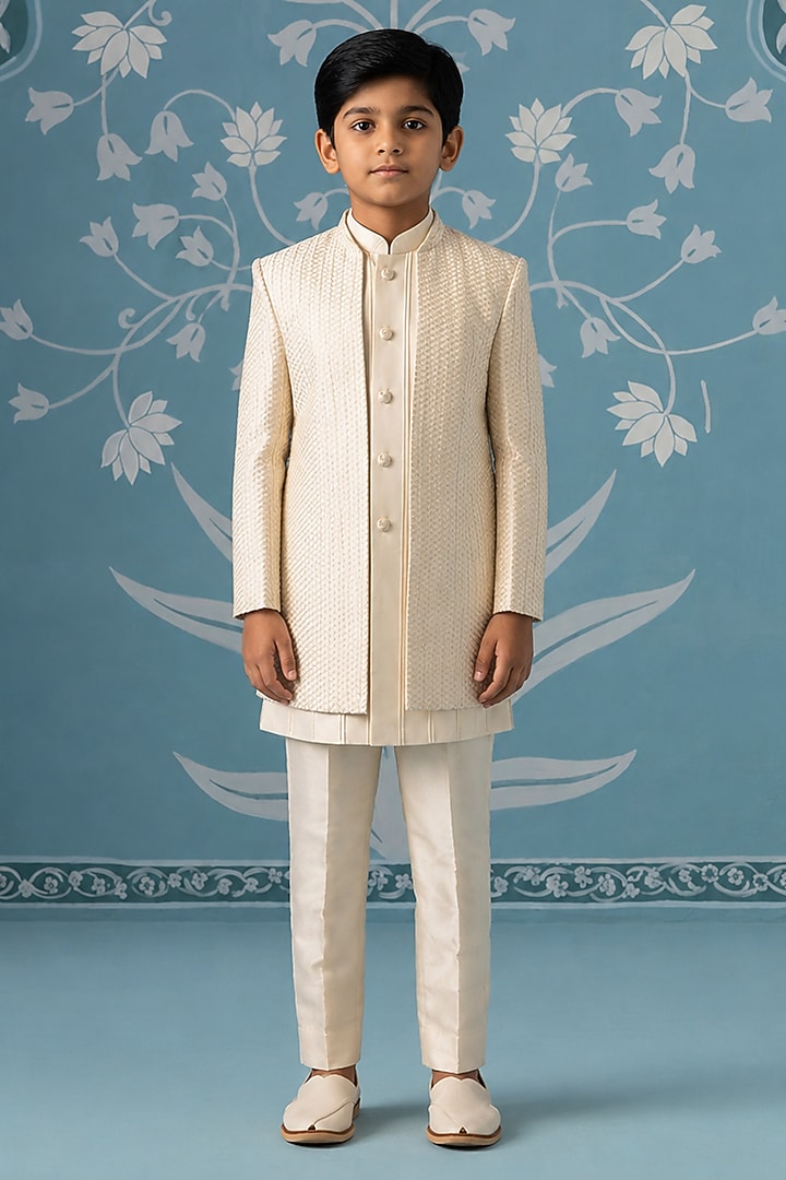 Cream Poly Cotton Thread Embroidered Indowestern Set For Boys by The Ethnic Co Kids at Pernia's Pop Up Shop