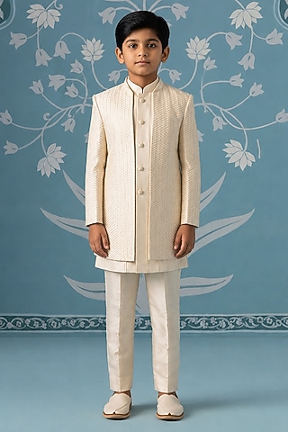 Cream Poly Cotton Thread Embroidered Indowestern Set For Boys by The Ethnic Co Kids
