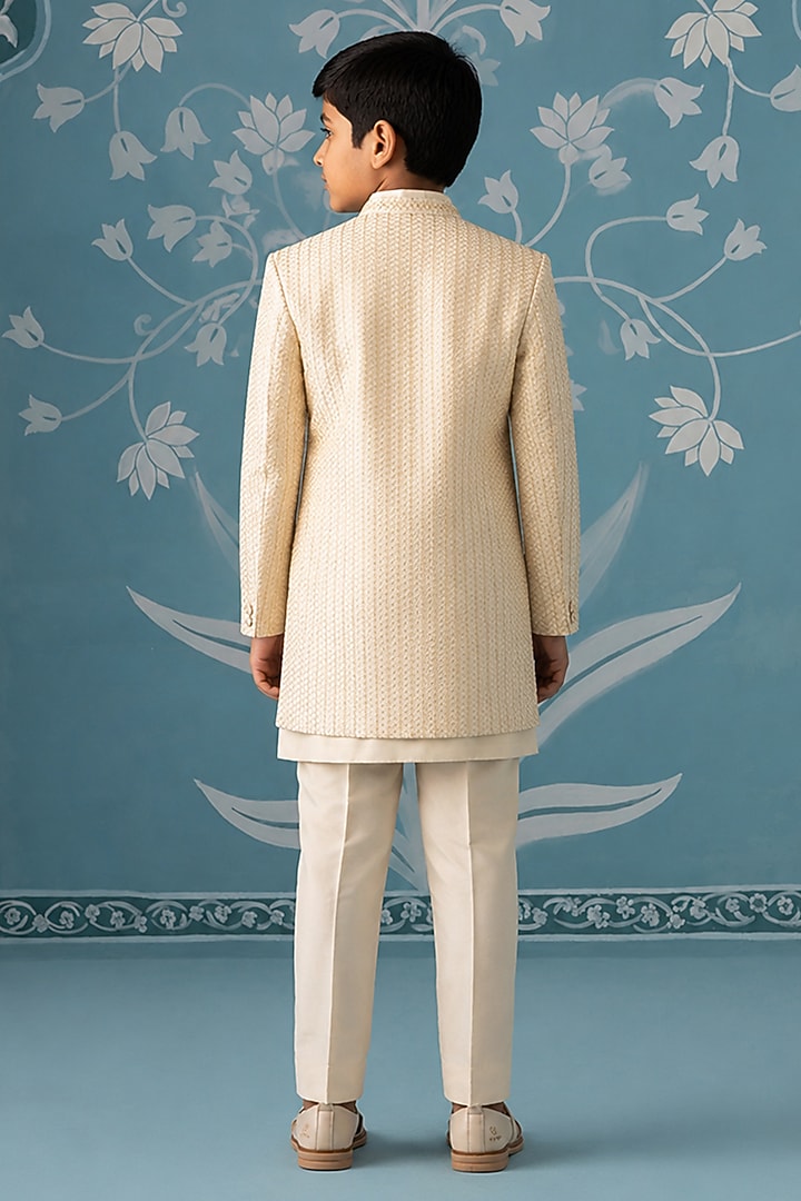 Cream Poly Cotton Thread Embroidered Indowestern Set For Boys by The Ethnic Co Kids at Pernia's Pop Up Shop