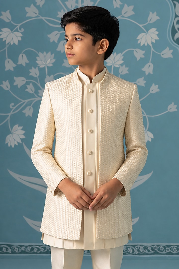 Cream Poly Cotton Thread Embroidered Indowestern Set For Boys by The Ethnic Co Kids at Pernia's Pop Up Shop