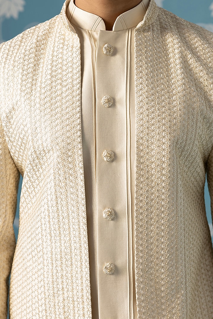 Cream Poly Cotton Thread Embroidered Indowestern Set For Boys by The Ethnic Co Kids at Pernia's Pop Up Shop