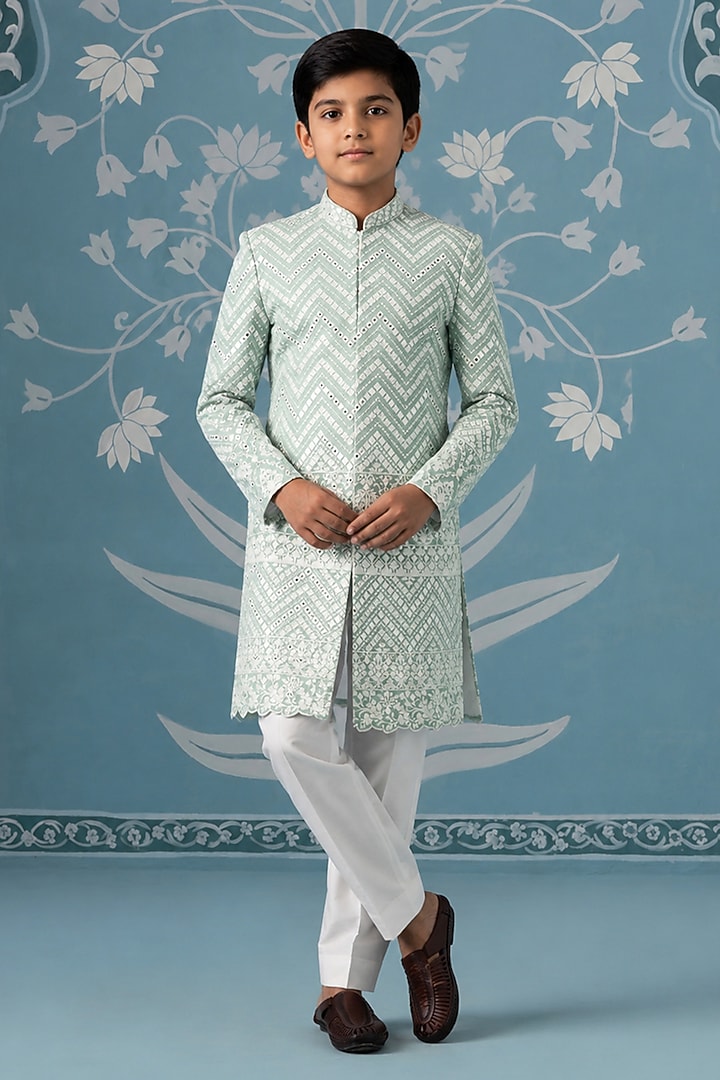 Mint Green Georgette Embroidered Indowestern Set For Boys by The Ethnic Co Kids at Pernia's Pop Up Shop