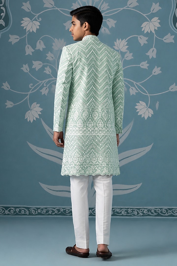 Mint Green Georgette Embroidered Indowestern Set For Boys by The Ethnic Co Kids at Pernia's Pop Up Shop