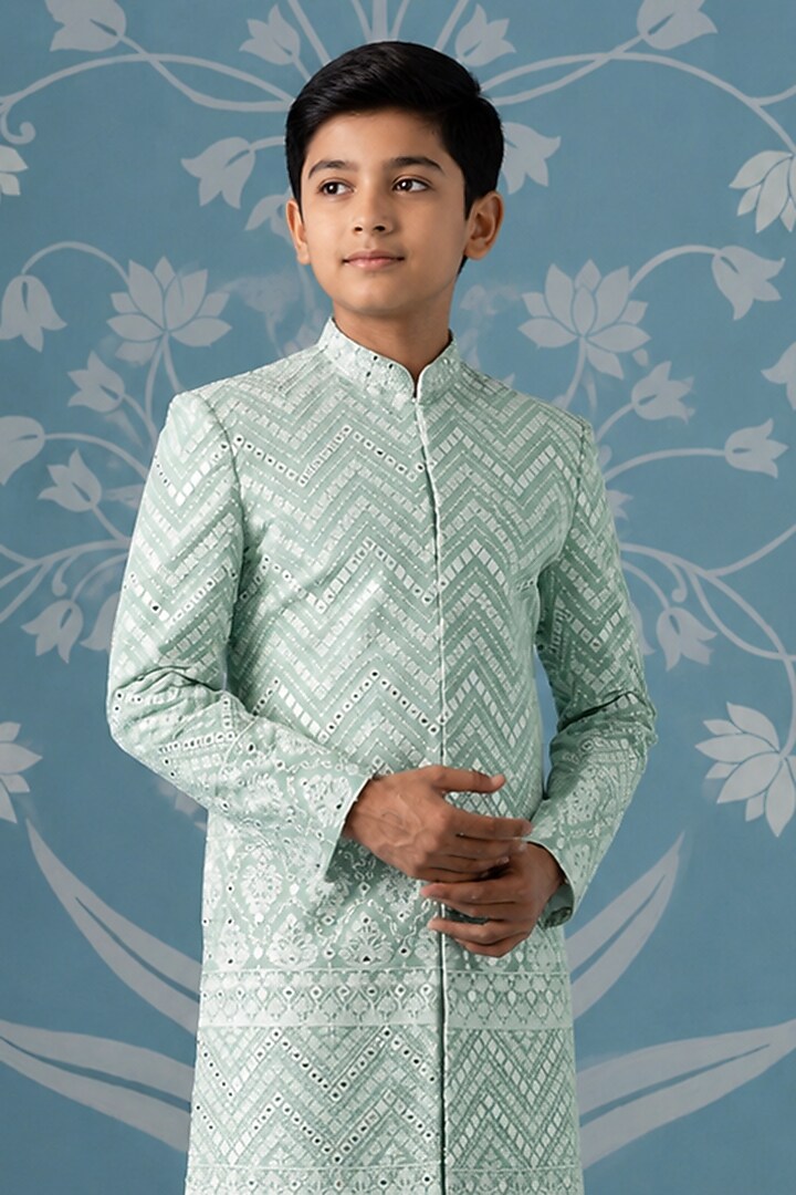 Mint Green Georgette Embroidered Indowestern Set For Boys by The Ethnic Co Kids at Pernia's Pop Up Shop