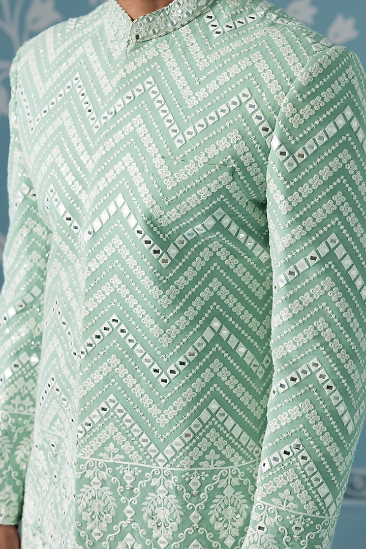 Mint Green Georgette Embroidered Indowestern Set For Boys by The Ethnic Co Kids at Pernia's Pop Up Shop