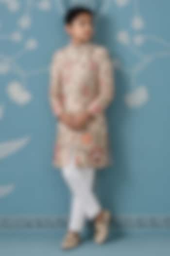 Cream Cotton Floral Embroidered Sherwani Set For Boys by The Ethnic Co Kids at Pernia's Pop Up Shop