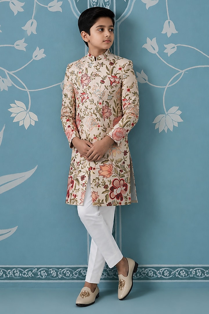 Cream Cotton Floral Embroidered Sherwani Set For Boys by The Ethnic Co Kids at Pernia's Pop Up Shop
