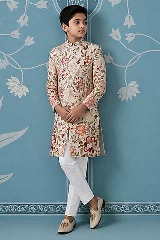 Cream Cotton Floral Embroidered Sherwani Set For Boys by The Ethnic Co Kids