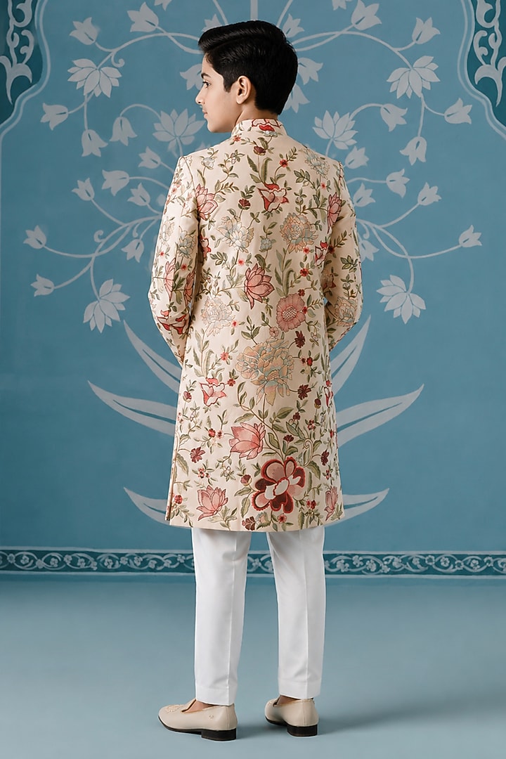 Cream Cotton Floral Embroidered Sherwani Set For Boys by The Ethnic Co Kids at Pernia's Pop Up Shop