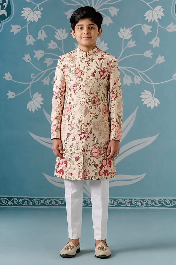 Cream Cotton Floral Embroidered Sherwani Set For Boys by The Ethnic Co Kids at Pernia's Pop Up Shop