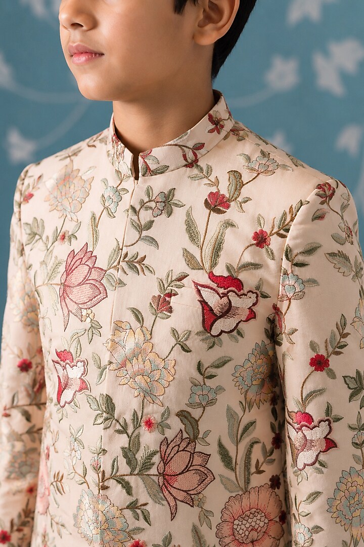 Cream Cotton Floral Embroidered Sherwani Set For Boys by The Ethnic Co Kids at Pernia's Pop Up Shop
