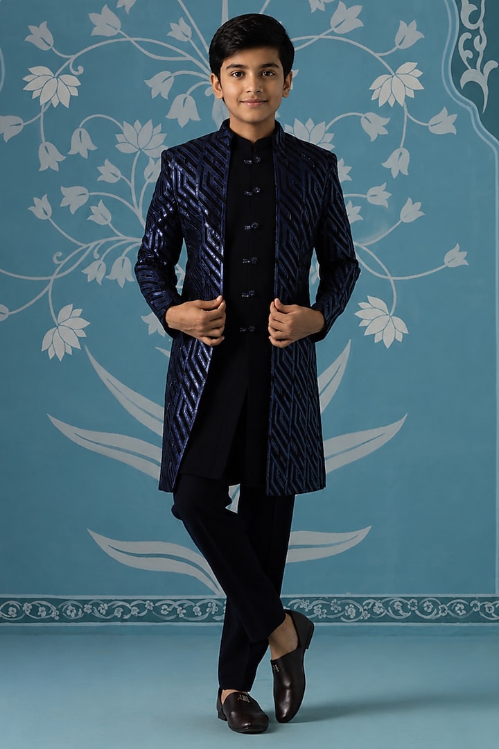 Dark Blue Imported Indowestern Set For Boys by The Ethnic Co Kids at Pernia's Pop Up Shop