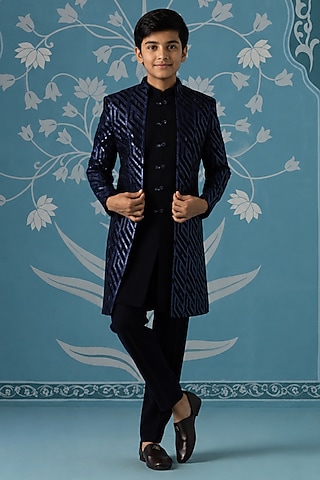 Dark Blue Imported Indowestern Set For Boys by The Ethnic Co Kids