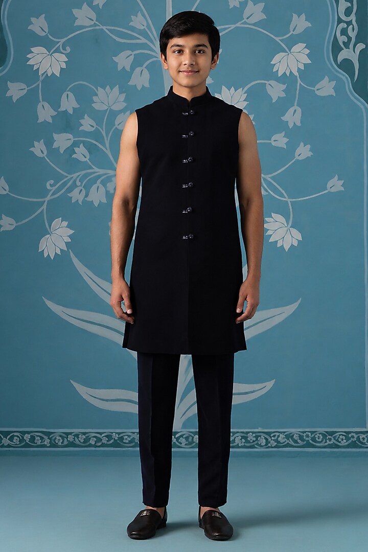 Dark Blue Imported Indowestern Set For Boys by The Ethnic Co Kids at Pernia's Pop Up Shop