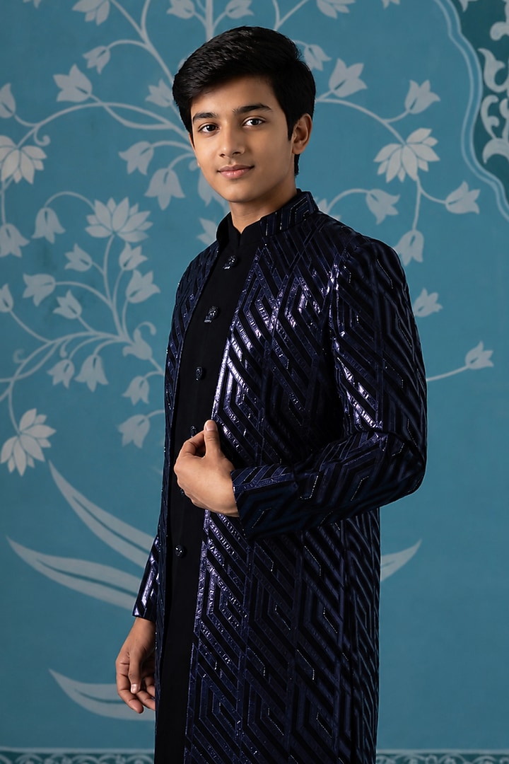 Dark Blue Imported Indowestern Set For Boys by The Ethnic Co Kids at Pernia's Pop Up Shop
