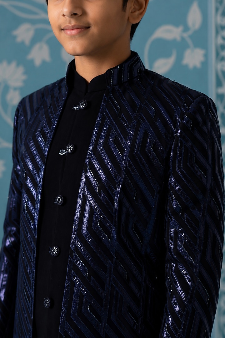 Dark Blue Imported Indowestern Set For Boys by The Ethnic Co Kids at Pernia's Pop Up Shop